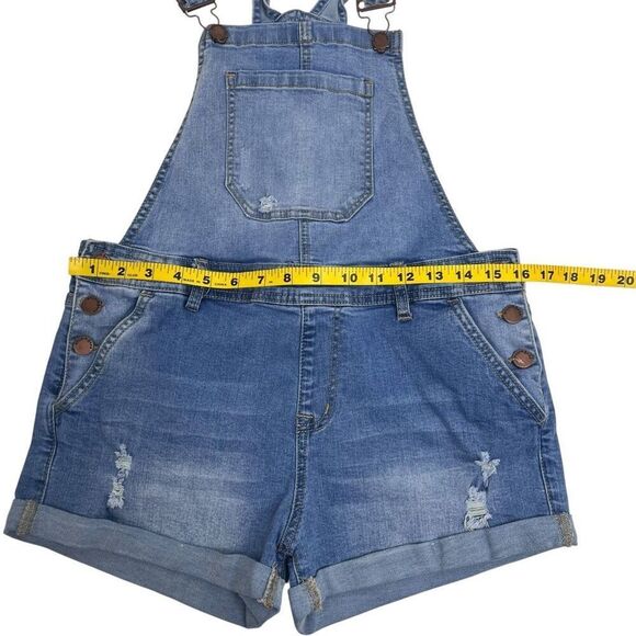 Encore Juniors Distressed Stretch Cuffed Denim Shortalls Mid Wash Blue Size 11 - Picture 8 of 15